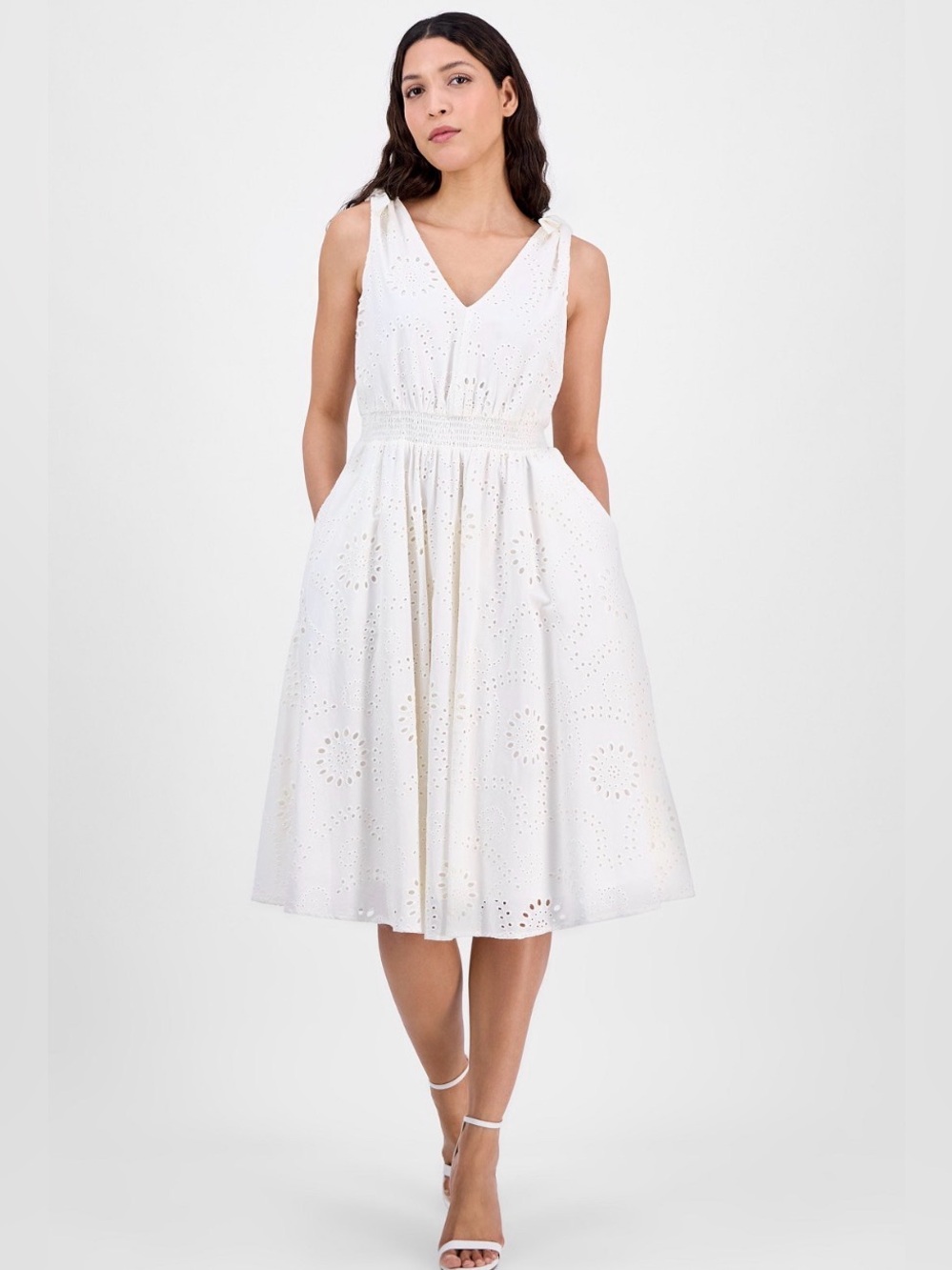 NWT Anne Klein White Eyelet Midi Dress Size 8 Y19